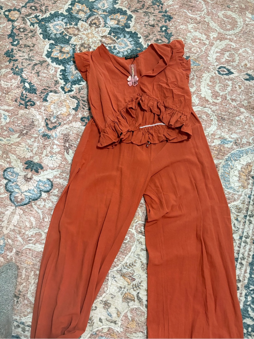 Fancyinn Rust Orange Ruffle-Waist Wide Leg Jumpsuit